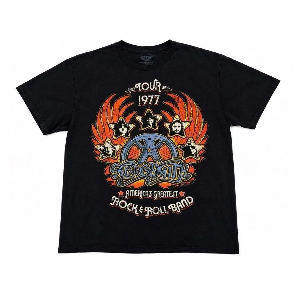 Aerosmith Tour 1977 Graphic Band Tee Rock & Roll Black T Shirt SZ L